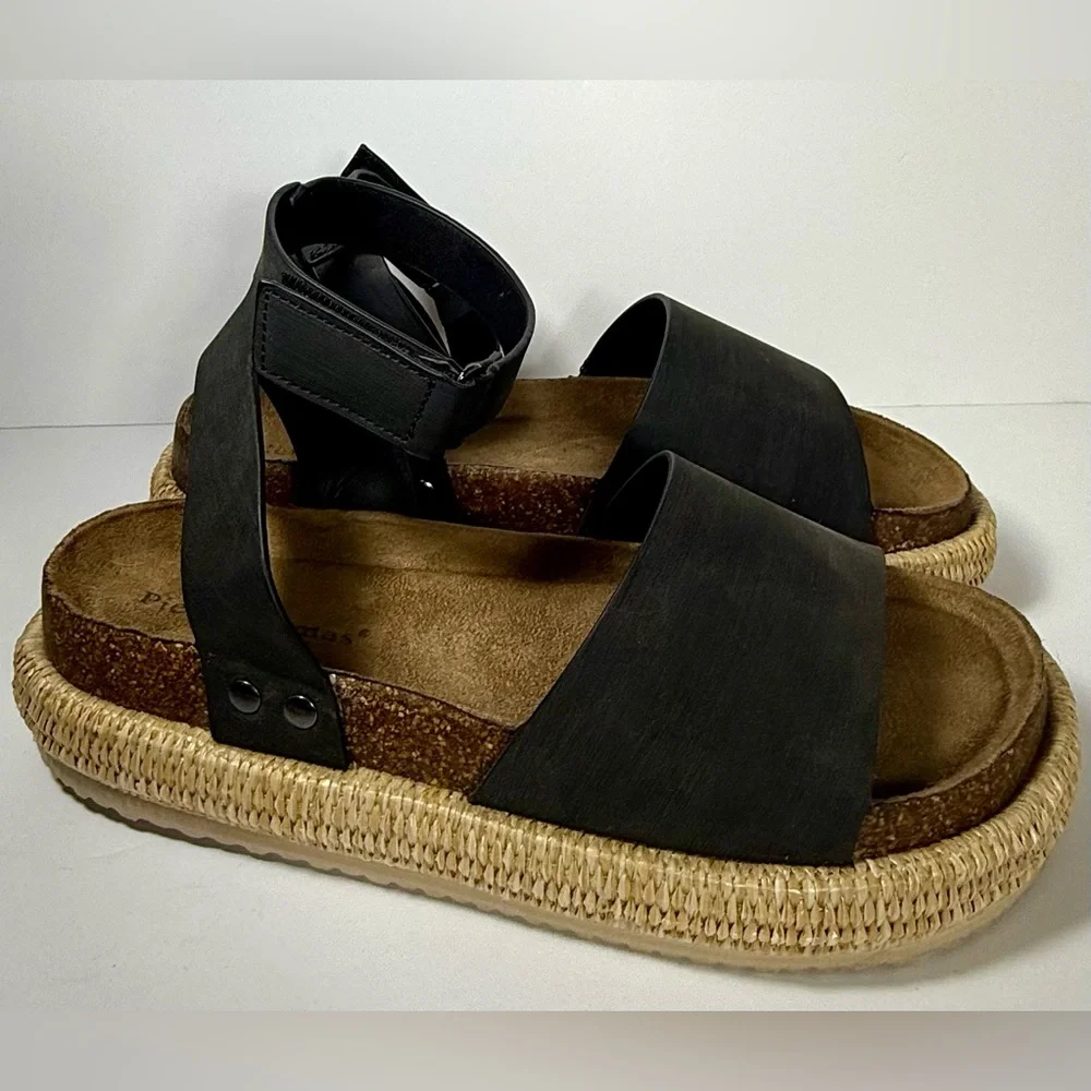 Pierre Dumas Women’s Size 7 Black Platform Sandals Woven Cork Ankle Strap